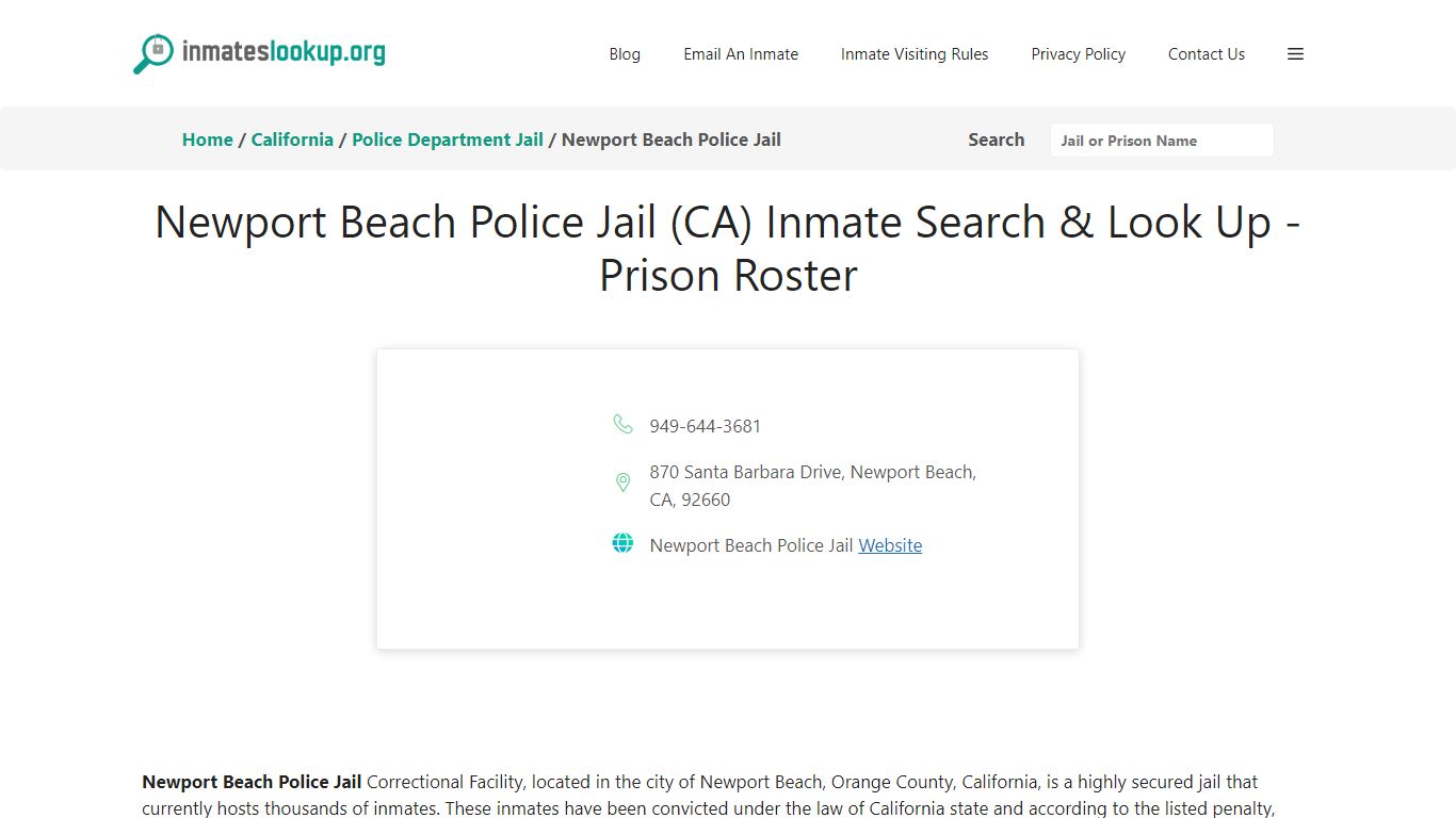 Newport Beach Police Jail (CA) Inmate Search & Look Up - Inmate Lookup
