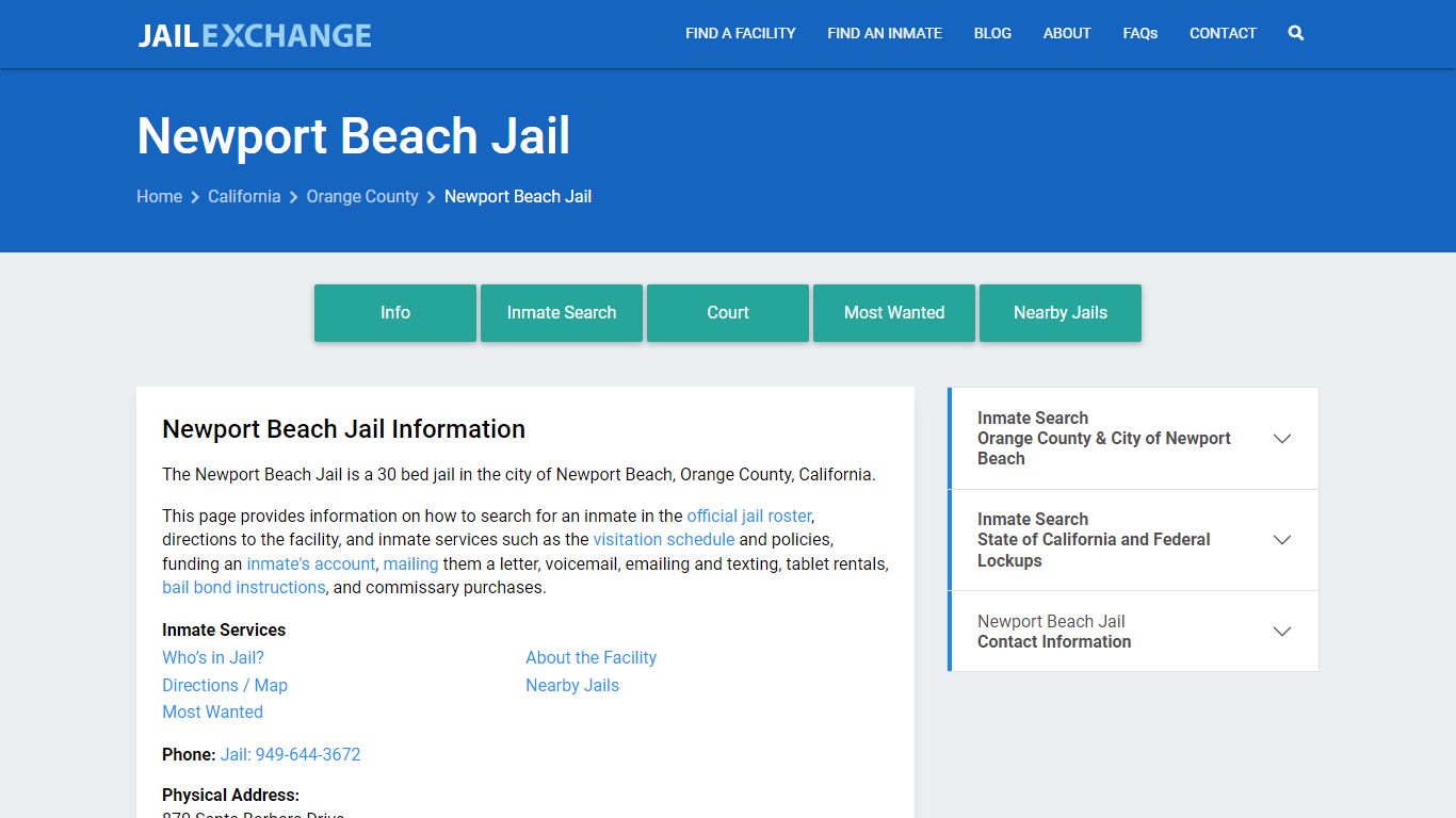 Newport Beach Jail, CA Inmate Search, Information
